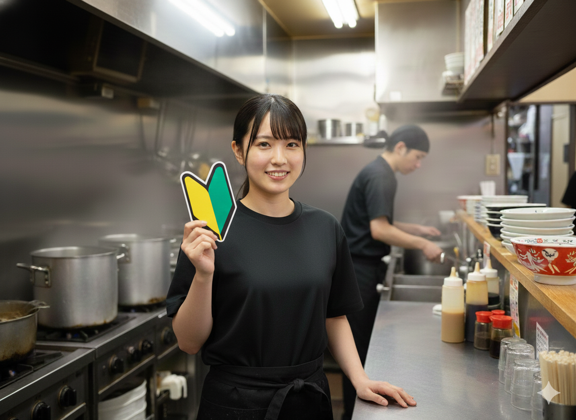 初心者マークを持った女性